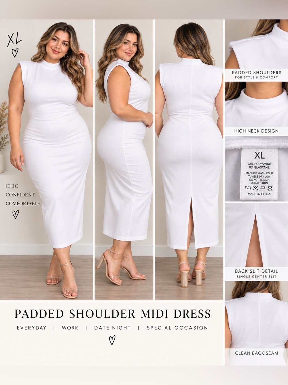 White Padded-Shoulder Midi Dress with High Neck